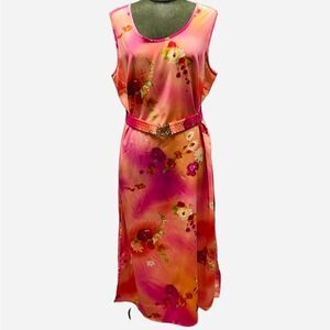 MAGGIE SWEET Womens Sleeveless Belted Maxi Dress 1X Tropical Floral Coral Pink